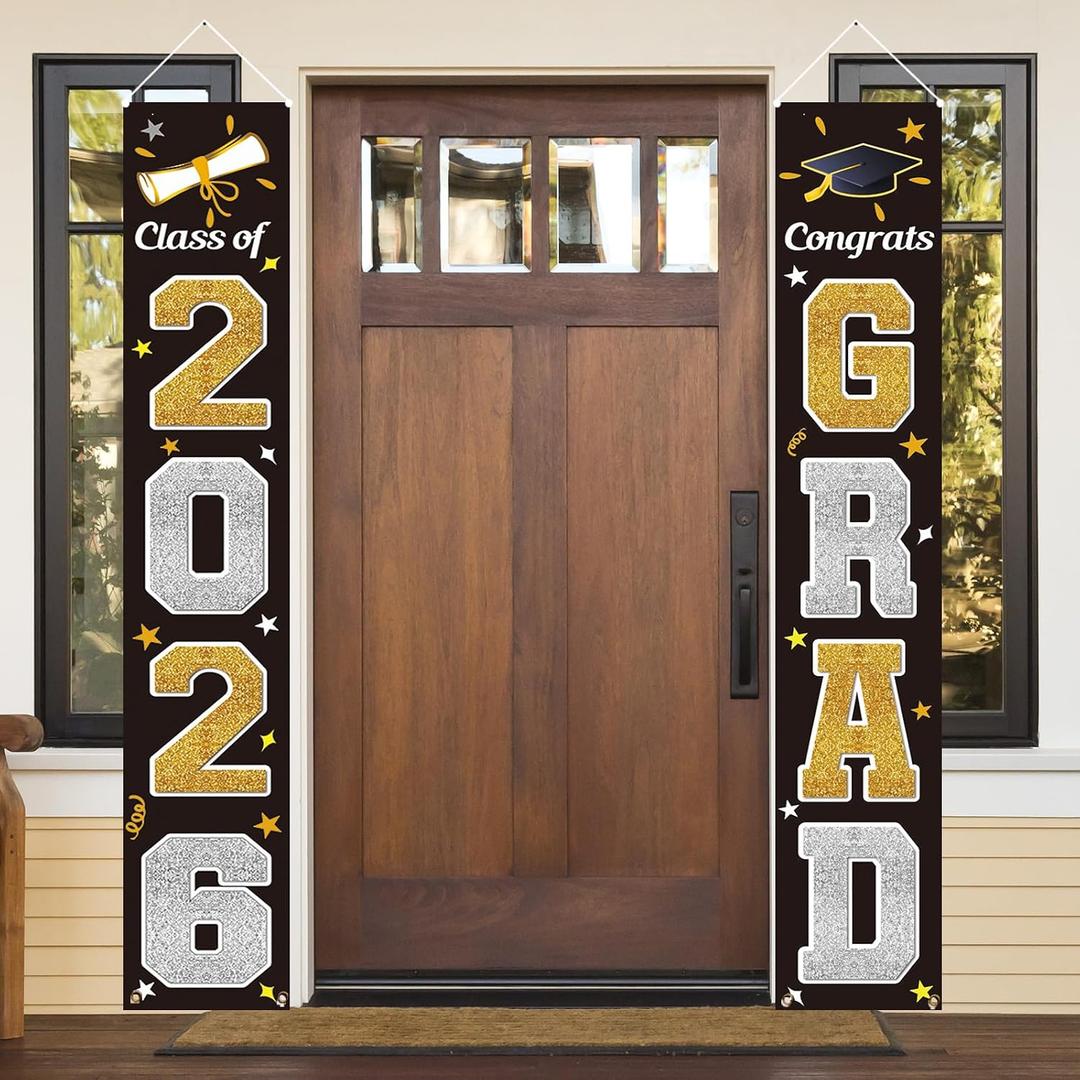 KMUYSL Graduation Decorations Class of 2026, Gold & Black Congrats Grad Banner Hanging Flags Porch Sign, 2026 Graduation Decorations Party Supplies for Any School Indoor/Outdoor Decor