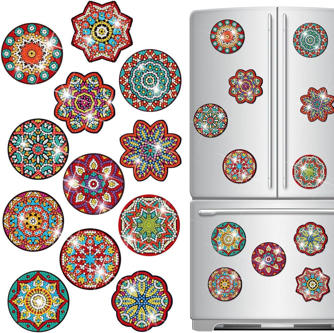 Zonon 12 Pcs Refrigerator Diamond Painting Magnets Easy Diamond Art Painting Magnetic Stickers Kits Fridge Magnets for Adults DIY Home Decors(Vintage Mandala)