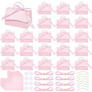 BENECREAT 30 Set Wedding Favors Box DIY Set, Pink Kraft Paper Box with Pearl Handle, Ribbons, Stickers, Gift Boxes for Birthday, Boutique, Wedding and Anniversary, 3.54x2.36x2.16inch