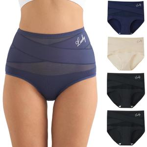 newnice Underwear Briefs, Tummy Control High Waisted, Full Coverage, 4 Packs, Postpartum Panties (Medium, Black, Black, Beige, Blue)