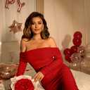 GOKATOSAU Women's Sexy Elegant Ruffle Long Sleeve Off Shoulder Ruched Party Mini Dress (Red, S)