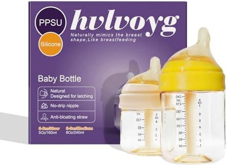 PPSU Baby Bottles for Newborns, Anti-Colic Wide Neck Breastfeeding Bottle with Angled Silicone Nipple, Natural Latch & Easy Drinking, BPA-Free, Heat Resistant, 5oz & 8oz, 0-6 Months, 3 Nipples