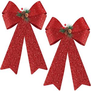 MCEAST 2 Pack Red Christmas Bows 12 x 18 Inches Xmas Wreaths Garland Bows with Pinecones for Christmas Tree Ornaments Sets Indoor Outdor Decoration