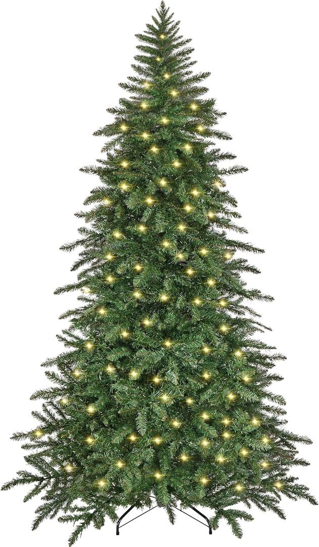 Yaheetech 7.5ft Pre-Lit Christmas Fir Tree with 550 Warm LED Lights & 1278 PVC Tips,Hinged Holiday Decorative Tree with Foldable Stand & Protective Foot Caps,Green