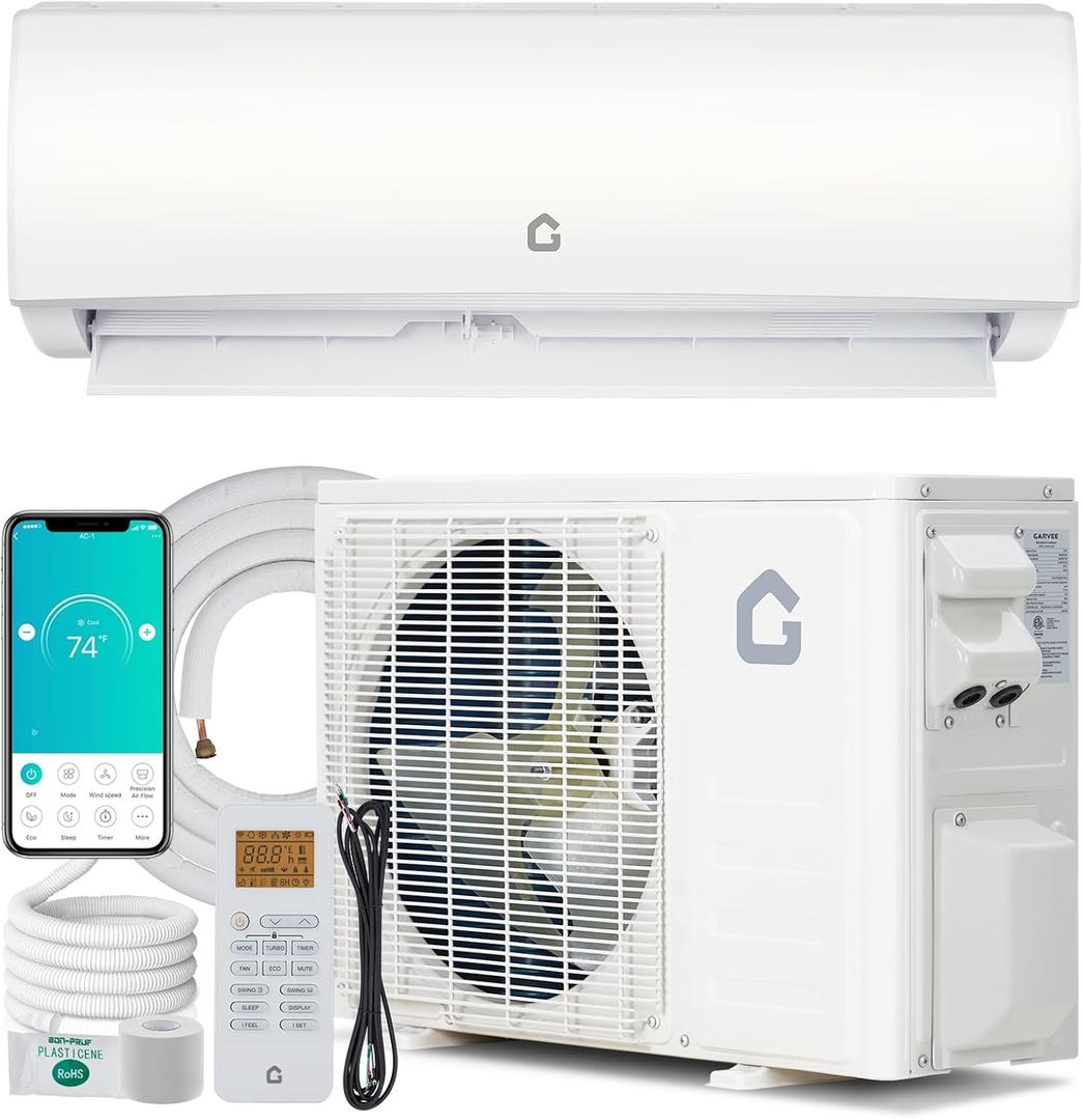 GarveeHome 12000 BTU Mini Split Air Conditioner Heat Pump System, Wifi Enabled 20 SEER2 208V- 230V Ductless AC Cool Up to 750 Sq. Ft, Compatible with Alexa, Complete Installation Kit, White