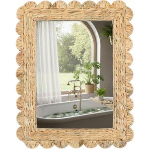 23" x 17" Scalloped Water Hyacinth Wall Mirror Decorative Natural Water Hyacinth Wall Wavy Mirror with Handwoven Frame for Bathroom, Living Room, Entryway Decor