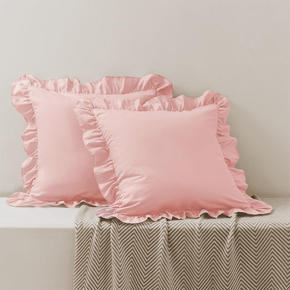 Sofa Pillow Covers 18''x18'', Microfiber Pink Pillows Covers Set of 2, Soft Breathable and Non Shrinking Ruffled Pillow Shams for Sofa Bedroom Car Decoration etc