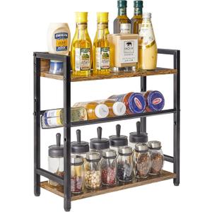 IBUYKE 3-Tier Spice Rack Industrial Counter Shelf Desktop Storage Organizer Standing Seasoning Rack for Countertop Kitchen Office Living Room Desktop Rustic Brown UTLJ021H