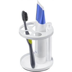 Metal Toothbrush Holder Stand for Bathroom: Stainless Steel Ventilated Organizer with Slots for Electric Toothbrushes, Toothpaste, Razors & Small Comb, Unique Footprint Base Design, White