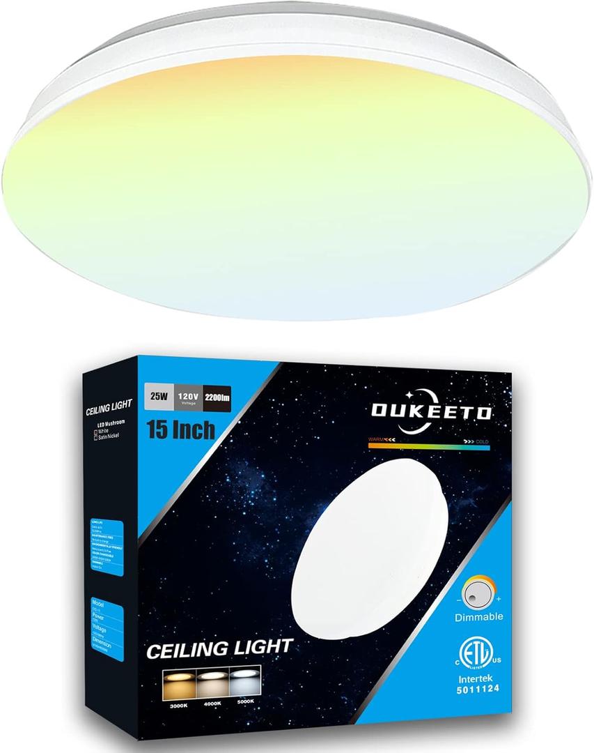LED Flush Mount Ceiling Light - 15 Inch Ceiling Light Fixtures 3000/4000/5000K Adjustable, 25W (200W Equivalent), 2200LM, Dimmable Light Fixture for Bedroom, Kitchen, Bathroom, Energy Star, ETL