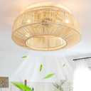 20" Boho Caged Ceiling Fan with Lights Flush Mount, Low Profile Rattan Ceiling Fans with Lights and Remote Control, Enclosed 6 Speeds for Bedroom, Living Room, Kitchen