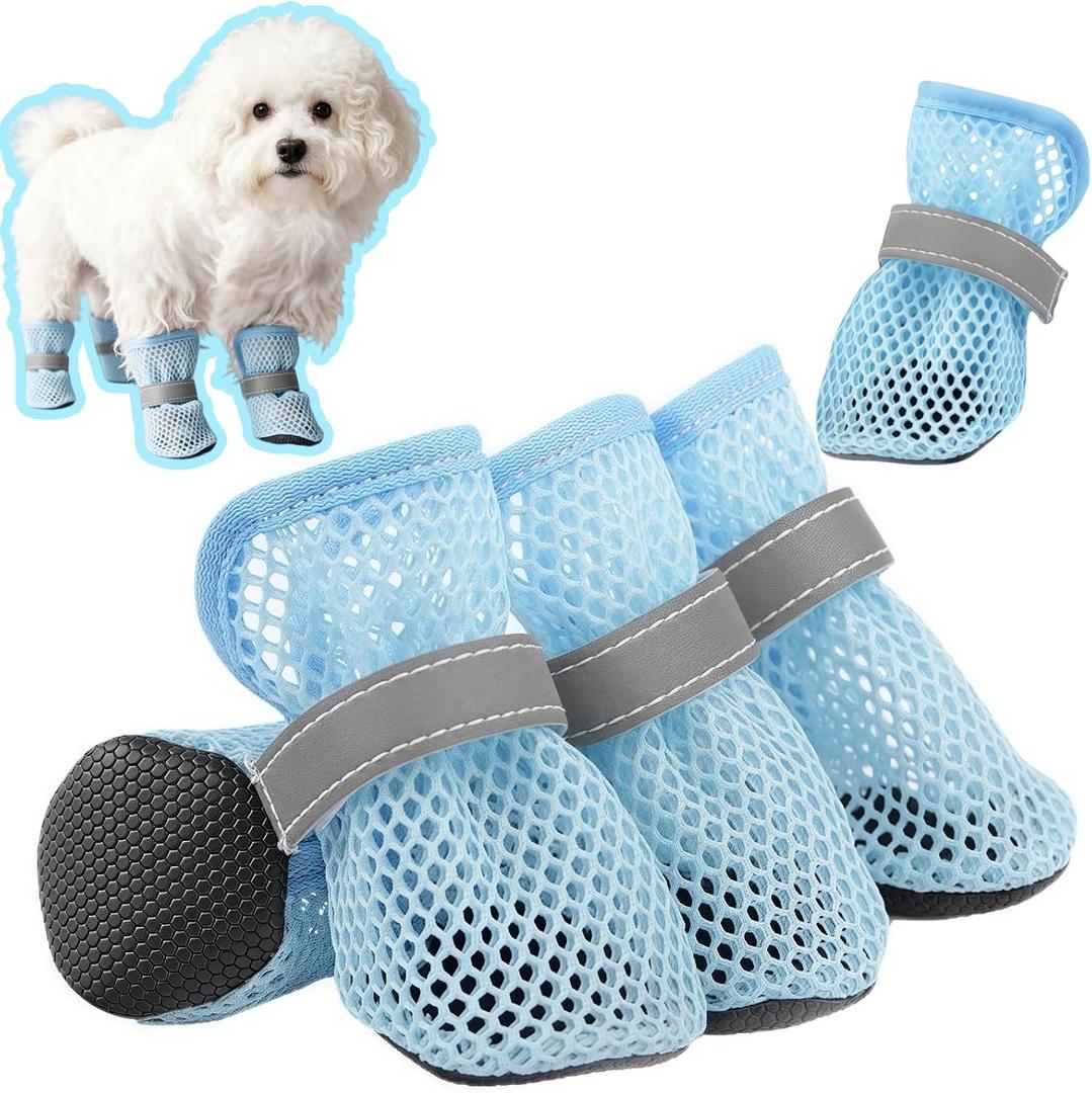 5 Pack Small Dog Shoes for Hot Pavement, Breathable Summer Dog Boots with Mesh, Non-Slip Sole, Adjustable Reflective Straps, Paw Protection for Outdoor Walking, 1 Extra Replacement (Blue, Size 6)