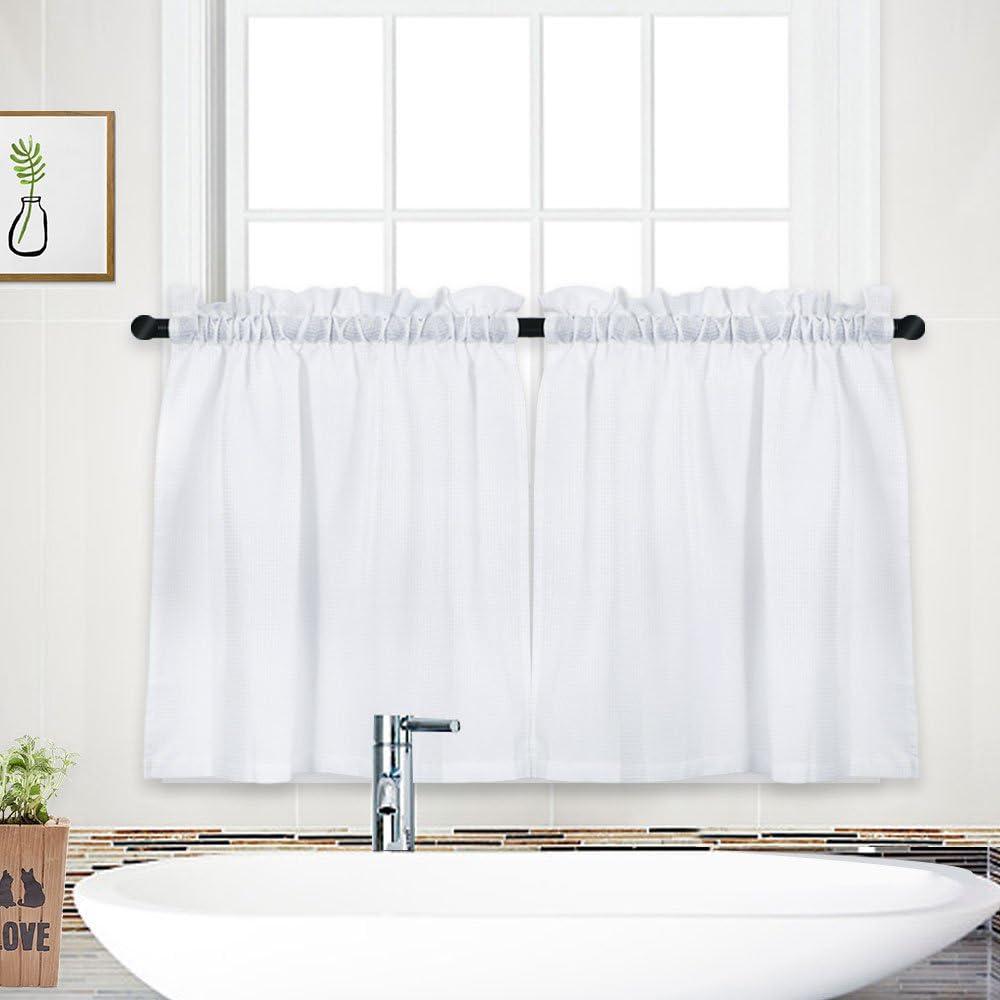 Waffle Woven Textured Short Curtains for Bathroom Waterproof Window Covering for Kitchen - 30" x 30", White, Set of 2