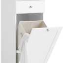 SoBuy Slim Tilt-Out Laundry Hamper Cabinet, Small Pull-Out Bathroom Storage Unit with Shelf & Drawer, Narrow Hidden Basket Chest Bath Cupboard, White BZR21-W, 15"D x 15.7"W x 35.4"H
