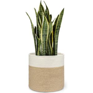Dahey Jute Spliced Cotton Rope Plant Basket Modern Woven Storage Basket for 10.5" Floor Indoor Planter, Decorative Flower Pots Cover Laundry Bin with Handle Rustic Home Decor, White and Beige