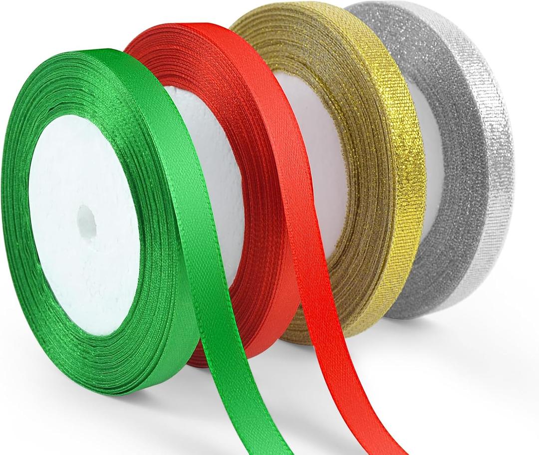 4 Rolls 3/8" Christmas Glitter & Satin Ribbons Set, Total 100 Yards Xmas Holiday Ribbon for Gift Wrapping, Crafts, Festival Ornaments, Wedding Party Decoration (Colorful)