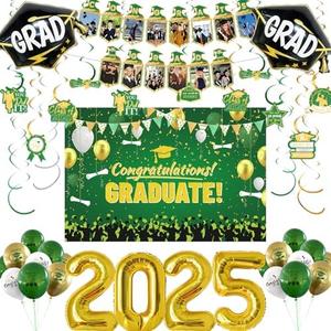 Graduation Decorations Class of 2025 - Green and Gold Grad Party Supplies with Dark Green and Gold White Balloons, Congratulations Graduate Photo Banner, Graduate Backdrop, Hanging Swirl Kit