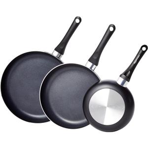 Amazon Basics Non Stick 3-Piece Kitchen Cookware Set, Includes 8-inch, 10-inch, 12-inch Pan, Black