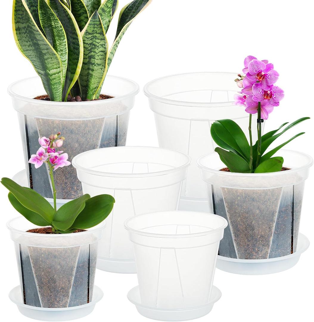 Plant Pots 7/6/4.7 Inch Set of 6, Clear Plastic Nursery Pots with Drainage Holes and Saucers, Flowers Planter Pots for Indoor Outdoor Plants (Variety Size, Clear)