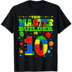 Builder 10 Year Old Log Cabin Boy 10th Birthday T-Shirt, Size: Large