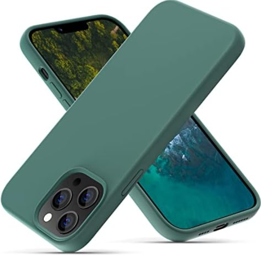 CALOOP Slim-Fit for iPhone 13 Pro Max Case,Skin Soft Liquid Silicone,Sturdy Hard Frame Shockproof Cover with Anti-Scratch Microfiber Lining,Full Protection for Screen and Lens,6.7 inch,Pine Green