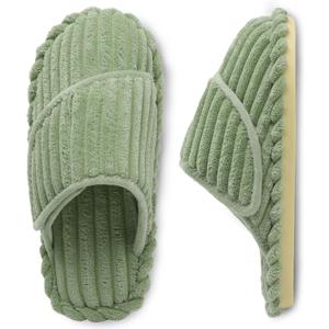 Besroad Slippers for Women Memory Foam House Bedroom Slippers Adjustable Corduroy House Slides Sandals Shoes (Green, S)