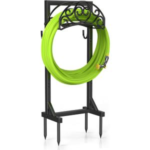 Freestanding Garden Hose Stand, Heavy Duty Water Hose Holder with Tool Hooks, 4 Anchoring Spikes, 150 ft Storage for Yard & Lawn
