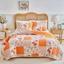 Joyreap 3 Pieces Floral Patchwork Quilt Set Queen, Orange n White Flowers Design, Smooth Soft Microfiber Quilt, Bedspread Bed Cover for All Season- 102x90 inches