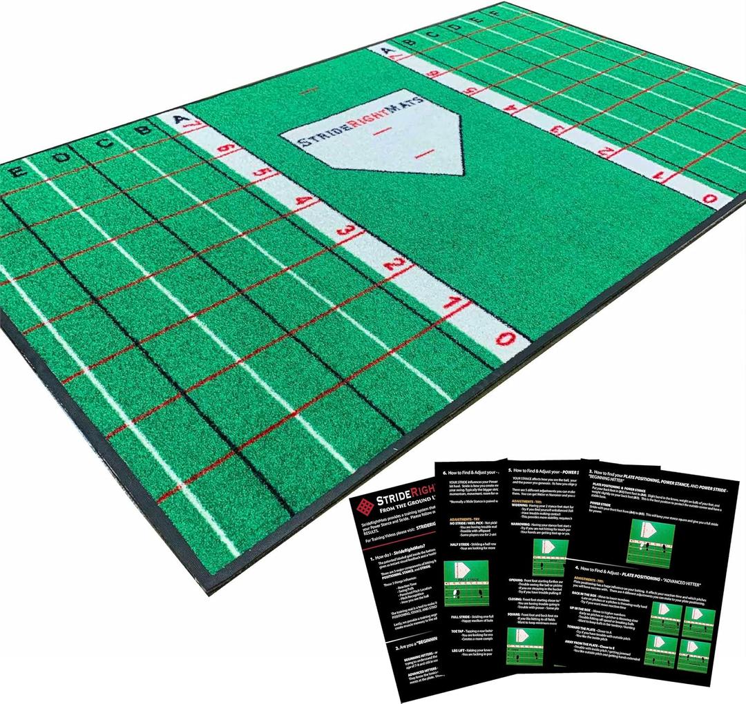 Stride Right Hitting Mat Training System | 2-in-1 Baseball & Softball Batting Mat with Instructional Guide for Stance, Stride & Setup | Improve Swing Mechanics & Consistency