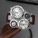 NICERIO Mens Big Face Watches - Cool Wrist Watch Genuine Leather Strap Dual Time Zone Sport Watch Analog Quartz Display with Thermometer Compass