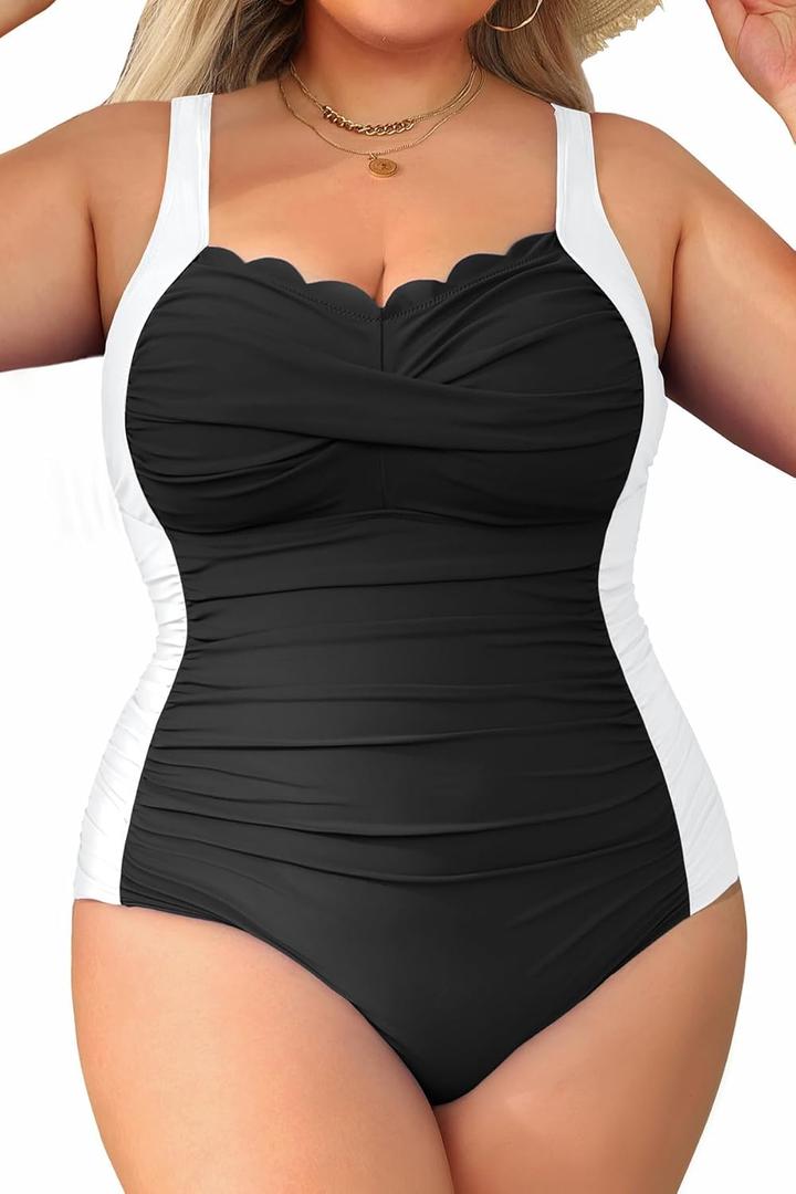 Aqua Eve Womens Plus Size One Piece Swimsuit- Tummy Control Bathing Suit Full Coverage Swimwear (Black and White), 22W