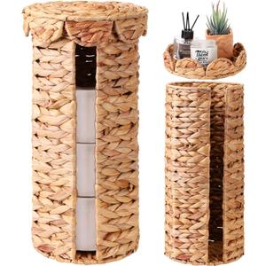 Wicker Toilet Paper Holder with Lid, Woven Paper Roll Holder Boho Rattan Toilet Papers Roll Stand for Bathroom Organizer and Storage Farmhouse Tissue Storage for 3 Mega Rolls(Water Hyacinth)