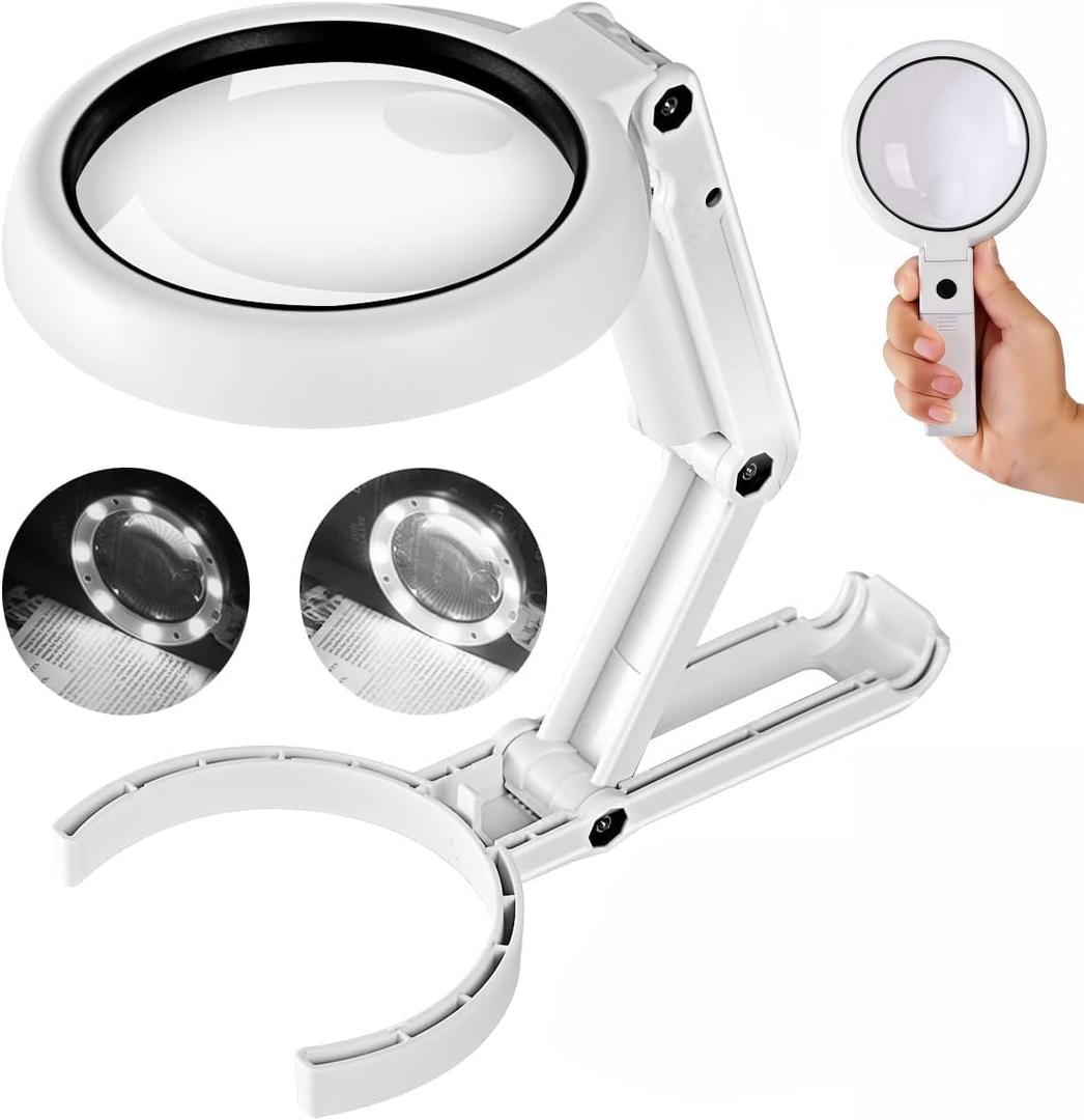 Magnifying Glass with Light and Stand, Foldable Handheld Large Magnifying Glass, Dual Brightness LED Illuminated Lighted Magnifier for Macular Degeneration, Seniors Reading, Close Work, Coins, Jewelry