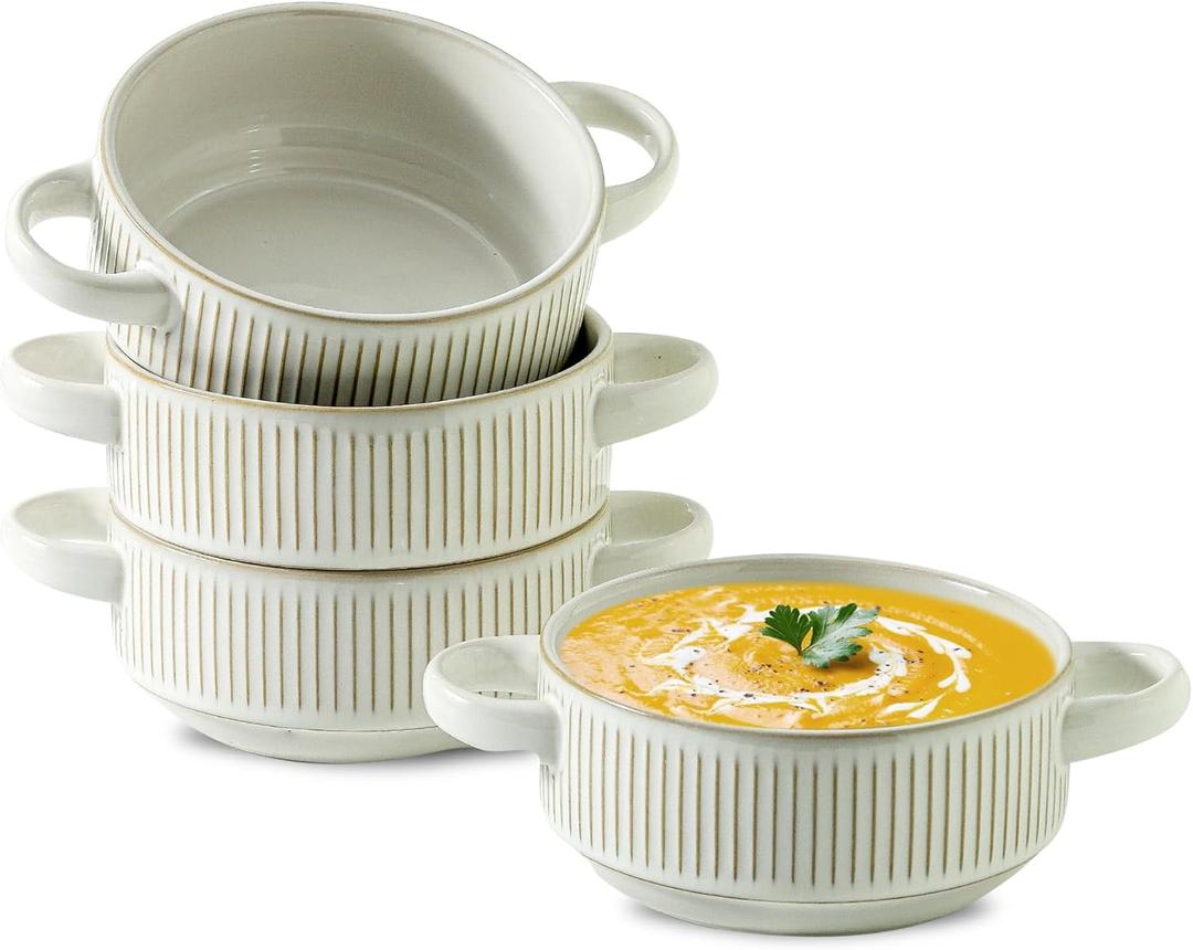 Soup Bowls with Handles, 20 oz French Onion Soup Crocks, Stackable Soup Bowl Oven Safe for Chili, Beef Stew, Embossment Ceramic Bowl Set - 5.4 Inch, Set of 4 Blue (White)