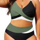 Tempt Me Plus Size Two Piece Swimsuit - Green White Black Women High Waisted Bikini Set Tummy Control Bathing Suits 14 Plus