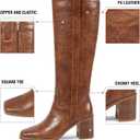 ISNOM Knee High Boots Women Chunky Low Heel Square Toe Elastic Boots Side Zipper Faux Leather Fall Long Tall Boot (6, A-reddish Brown)