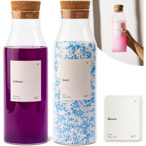 KIVY Glass Detergent Dispenser Container Set of 2 [INCL Labels] Large Glass jars for Laundry Room Organization Decor - Laundry soap dispenser for liquid detergent dispenser - Fabric softener dispenser
