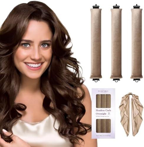 Heatless Hair Curler Overnight Curls-3 Pcs No Heat Curling Blowout Rod to Sleep In,Hair Rollers with Satin Scarf (Khaki)