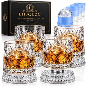 Spinning Whiskey Glasses Set of 4 with Gift Box | 360 Degree Rotating Old Fashioned Glass with Ice Ball Molds,For Bourbon, Scotch, Cocktails For Whiskey Lovers, Dad, Husband