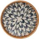 Round Rattan Tray with Mother of Pearl Inlay, Rattan Serving Tray with Wooden Base, Decorative Wicker Basket for Table Decor, Storage and Display of Coffee Bread Food Fruit (Plume) (11.8")