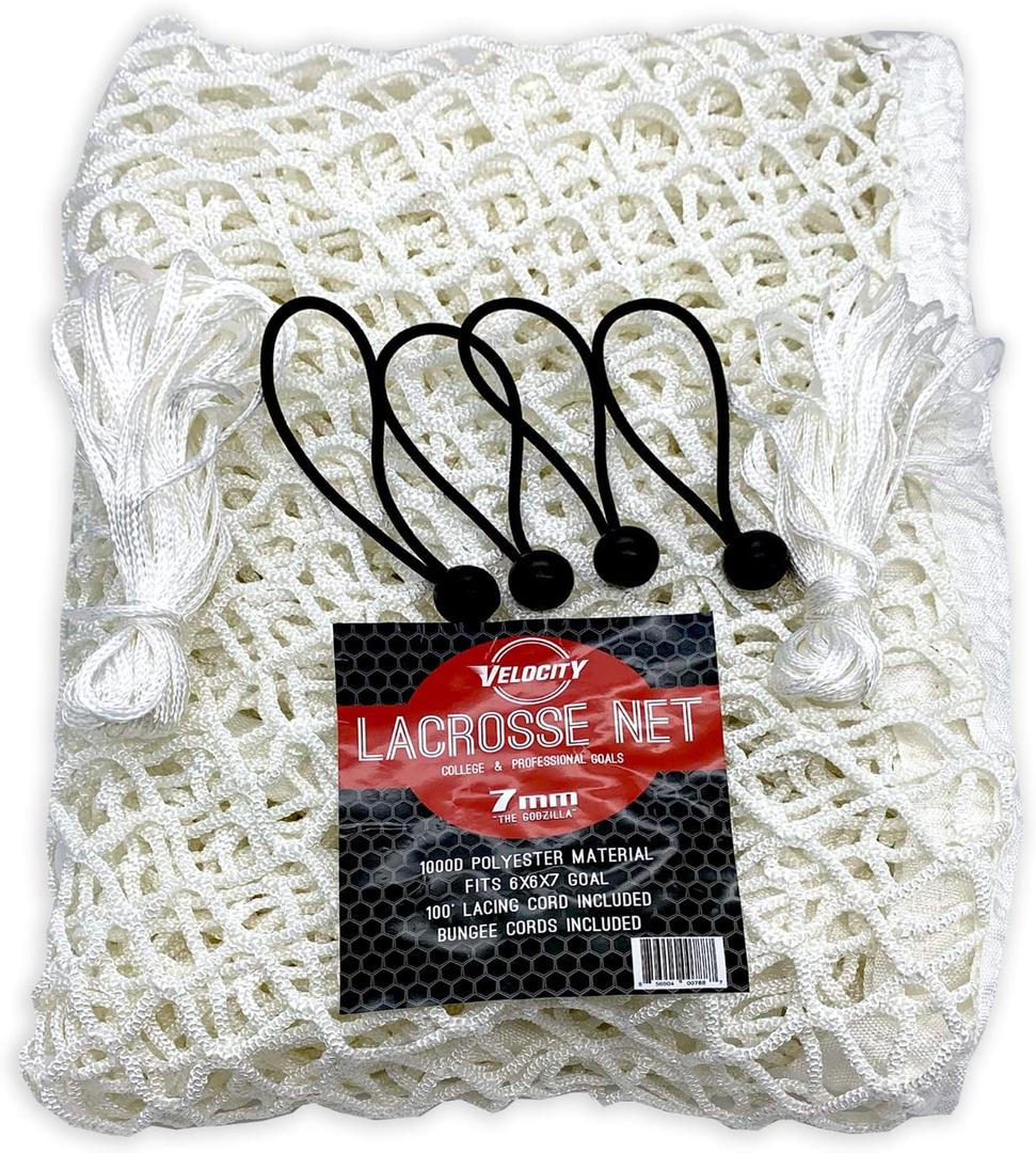 Velocity Heavy Duty Black & White Lacrosse Net - Fits 6’x6’x7’ Goals - Weatherproof, UV Resistant 1000D High-Strength Polyester - Comes with 100+ Feet of Lacing Cord and 4 Quick Ties, 7MM