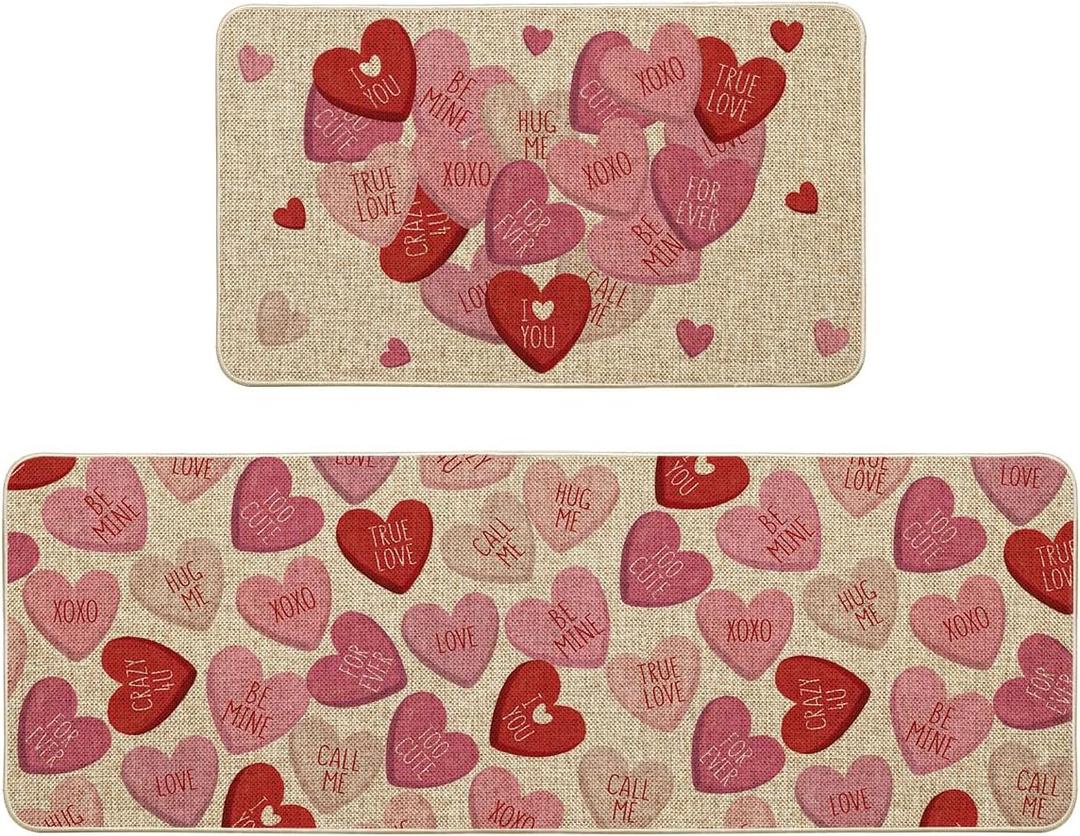 Artoid Mode Pink XOXO Love Heart Valentines Kitchen Mats Set of 2, Home Decor Low-Profile Kitchen Rugs for Floor - 17x29 and 17x47 Inch