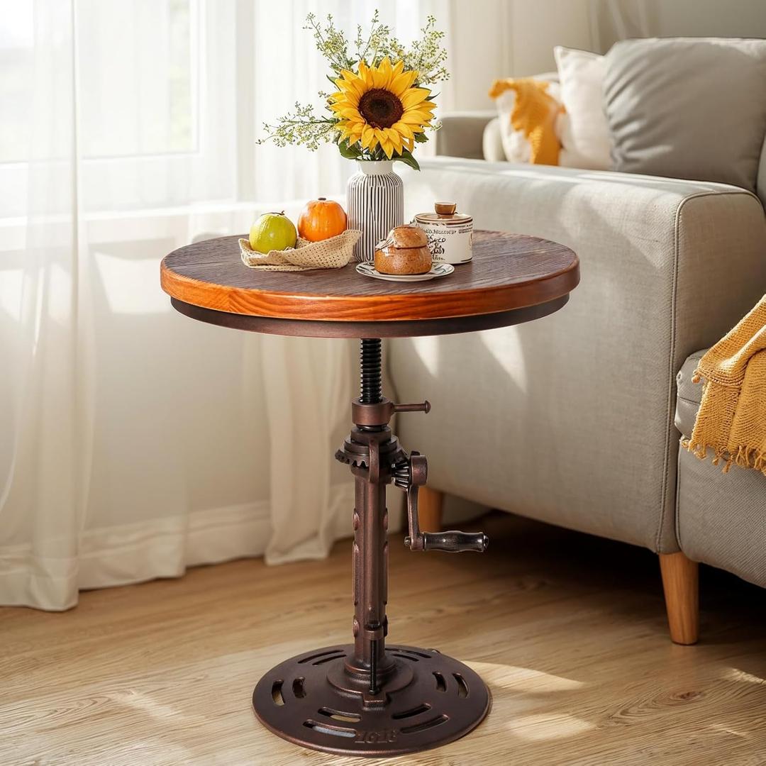 Round 19.6'' Metal Wooden Side Table Industrial Style Tea Table Hand Crank Adjustable Height Coffee Table for Living Room, Bedroom and Balcony (Copper)