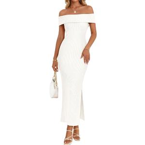 MEROKEETY Women's 2026 Off Shoulder Bodycon Midi Dress Summer Spring Formal Elegant Knit Sweater Dresses (White, L)