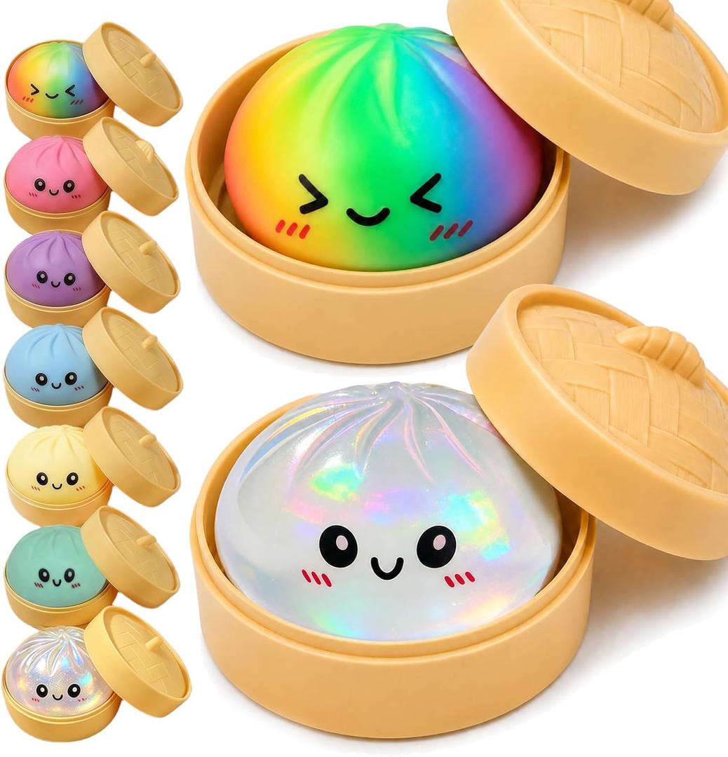 2PCS Rainbow Dumpling Squishies Toys with Food Steamer,Sparkly Squeeze Dough Fidget Sensory Stress Balls,Hand Desk Toys for Stress Relief Squishies Dumpling Gifts,Rainbow&Clear