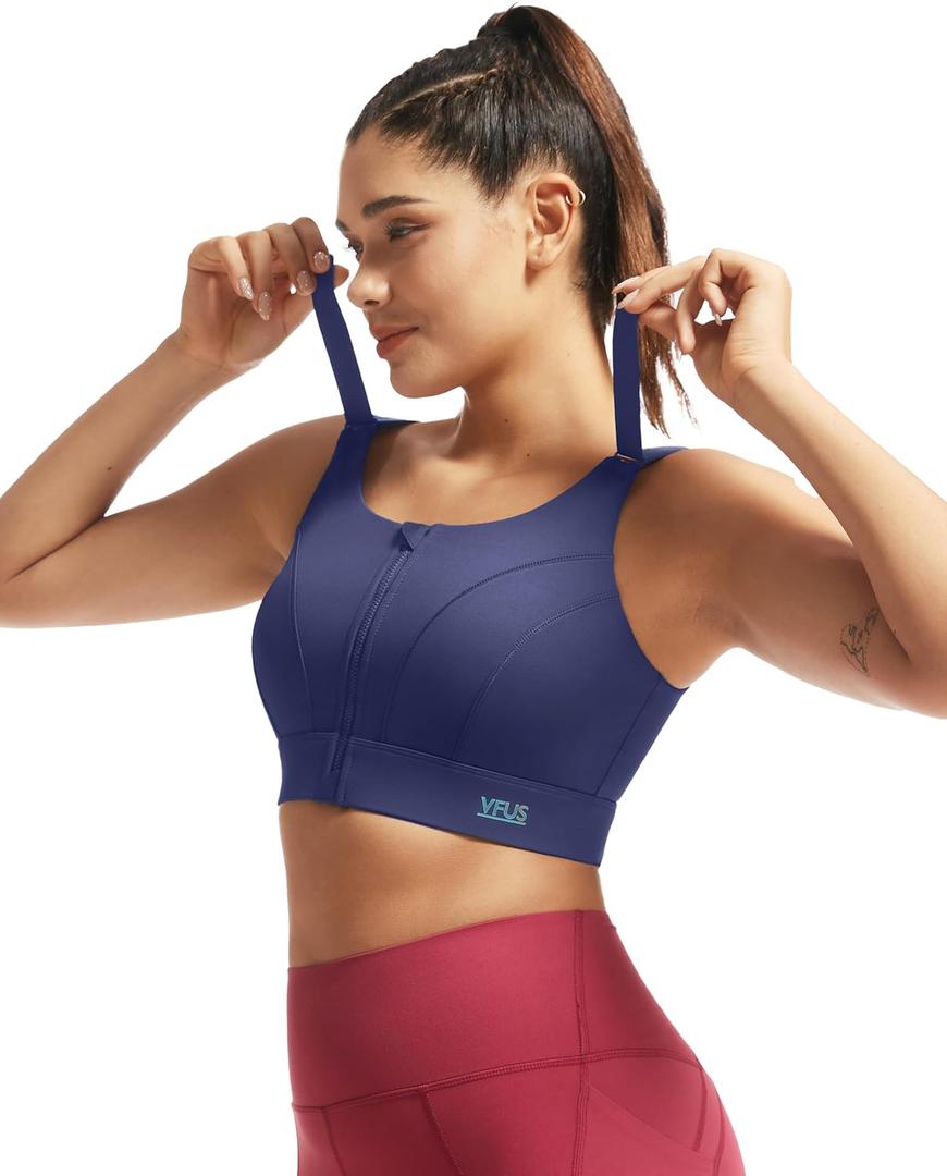 Adjustable High Impact Sports Bras for Women Zip Front Full Coverage and Lift Padded Compression Tops (X-Large, Navy New)