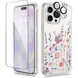 GVIEWIN for iPhone 15 Pro Case, [3 in 1] with Screen Protector & Camera Lens Protector, Clear Hard Shockproof Slim Fit Floral Phone Cover for Women Girls 2023 6.1" (Floratopia/Colorful)