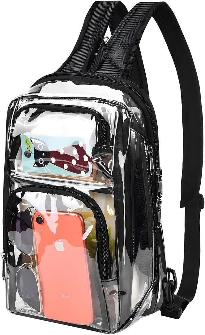 Clear Backpack Stadium Approved 12126 with Breathable Shoulder Straps, Clear Sling Bag for Stadium Work Concert Festival - Black