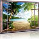 Window Beach Wall Art Sunset Ocean Landscape Wall Decor Tropical Palm Tree Picture Nature Coastal Scenery Canvas Photo Prints Seascape Painting Artwork for Living Room Bathroom Home Decorations 24x36"