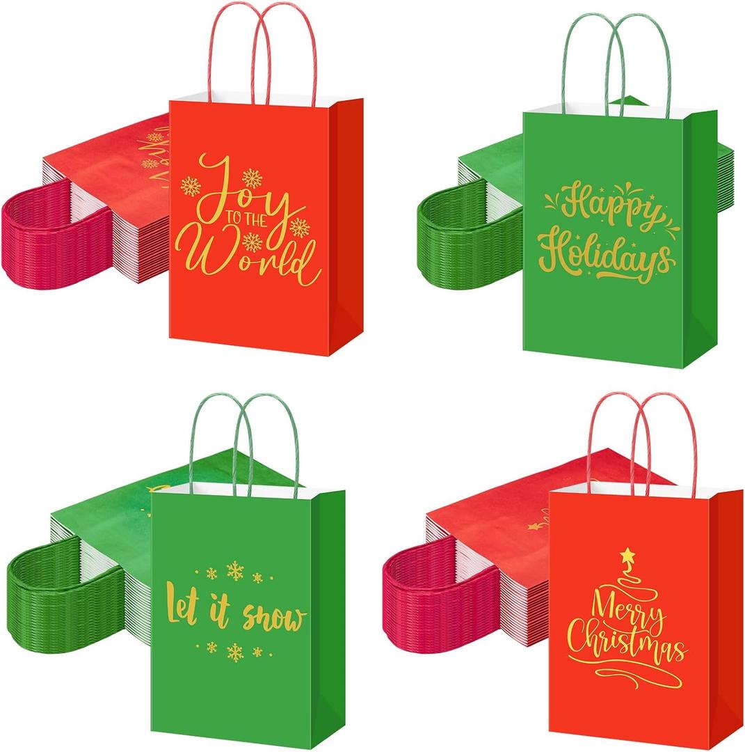 AmazingSpark 100 Pcs Small Christmas Kraft Gift Bags with Handles Xmas Paper Goody Bags Bulk 5.91x3.15x8.27inch Candy Treat Bag for Xmas New Year Holiday Party Decor, 4 Styles (Gold Christmas)